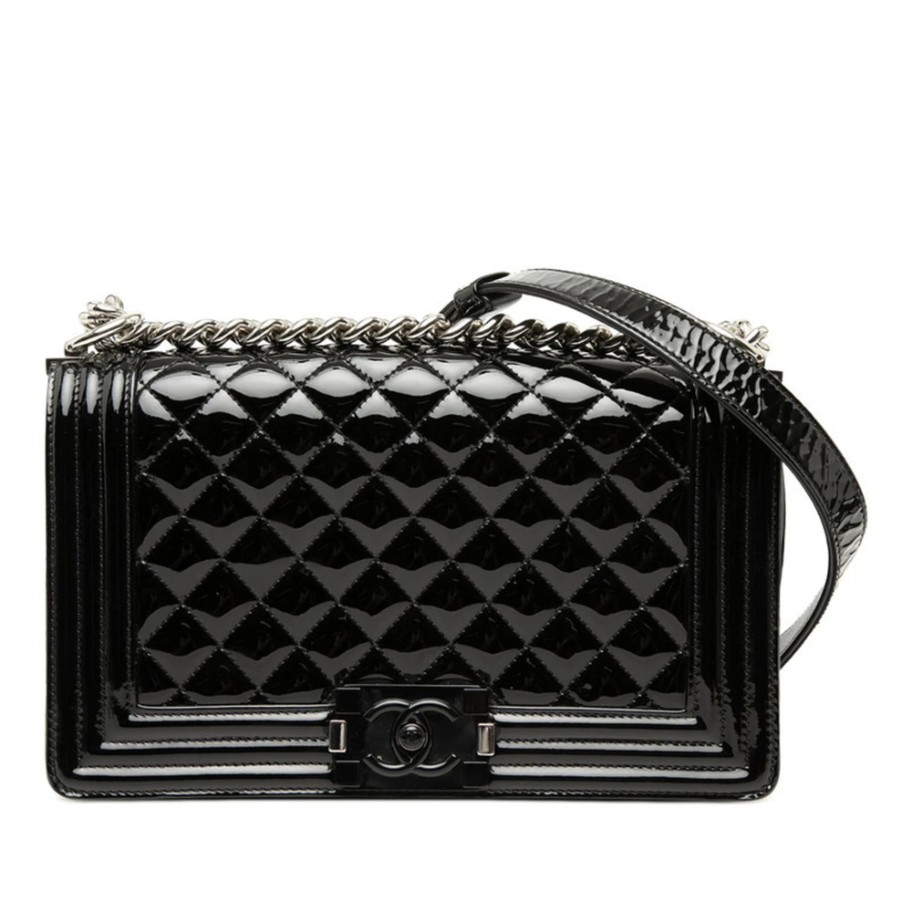 Chanel Coco Mark Boy Chain Shoulder Bag, Black Enamel, Women's CHANEL